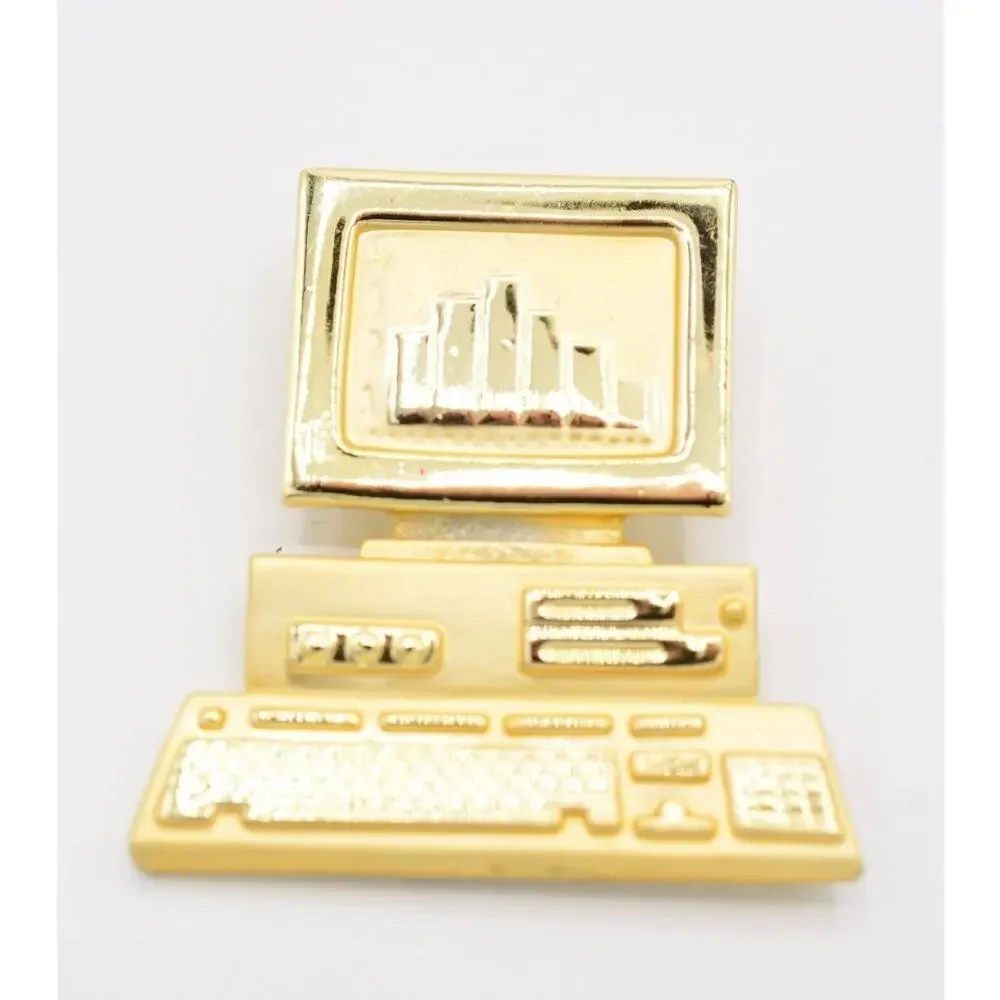 AJC Vintage Computer Pin Brooch Desktop Charts Graphs Signed NOS 1980s BinA10